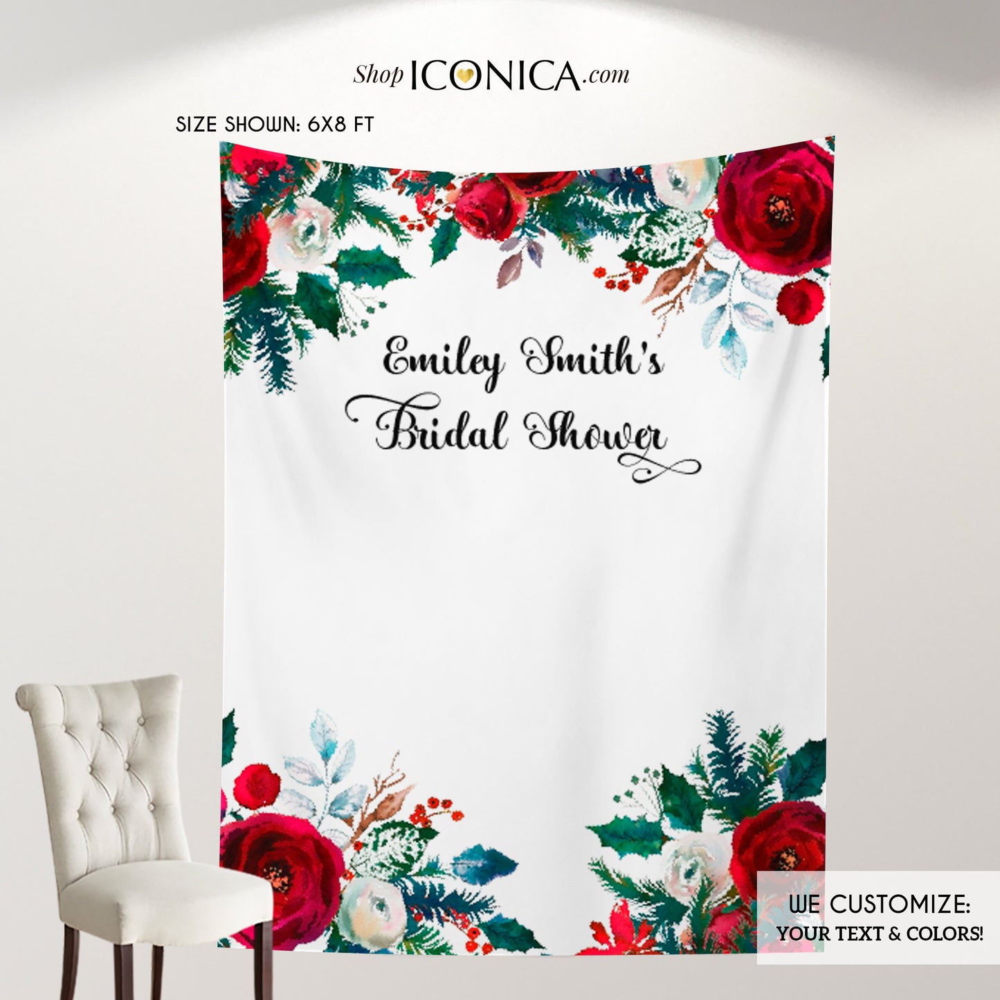 Christmas Party backdrop Personalized,Holiday Party Backdrop,Festive Red Floral Backdrop,Holiday Party Decorations,Printed Backdrop