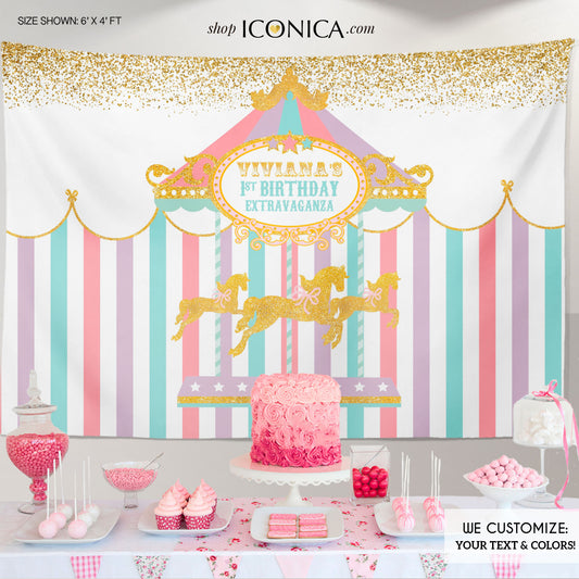 Carousel Party Backdrop,Carousel First Birthday Decorations,Girls Baby Shower Banner,Circus Banner, Printed BBD0117