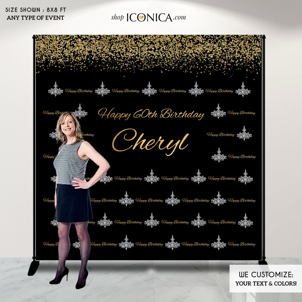Birthday Photo Booth Backdrop, Milestone Step and Repeat Backdrop, Gold Black Silver , Chandelier Banner, Any age, Printed Or Printable