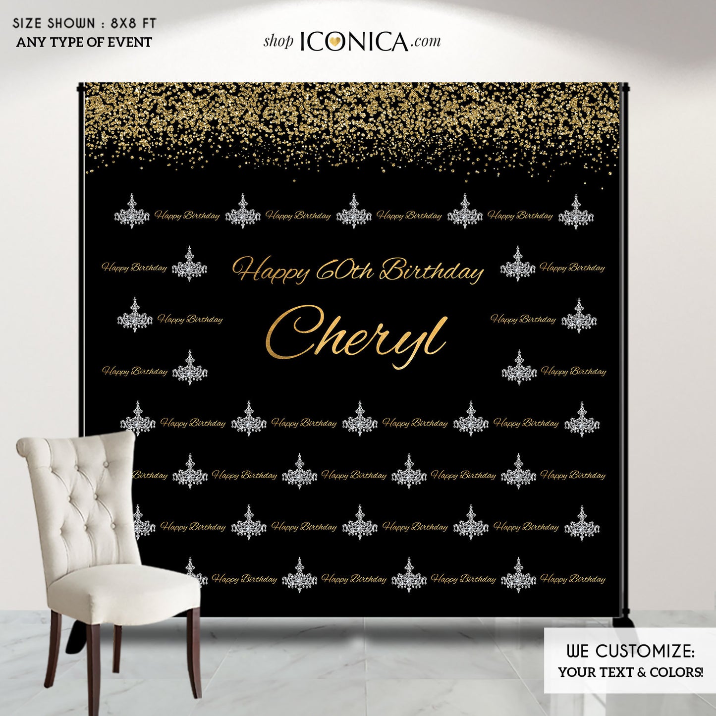 Birthday Photo Booth Backdrop, Milestone Step and Repeat Backdrop, Gold Black Silver , Chandelier Banner, Any age, Printed Or Printable
