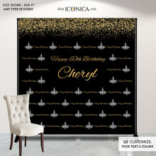 Load image into Gallery viewer, Birthday Photo Booth Backdrop, Milestone Step and Repeat Backdrop, Gold Black Silver , Chandelier Banner, Any age, Printed Or Printable
