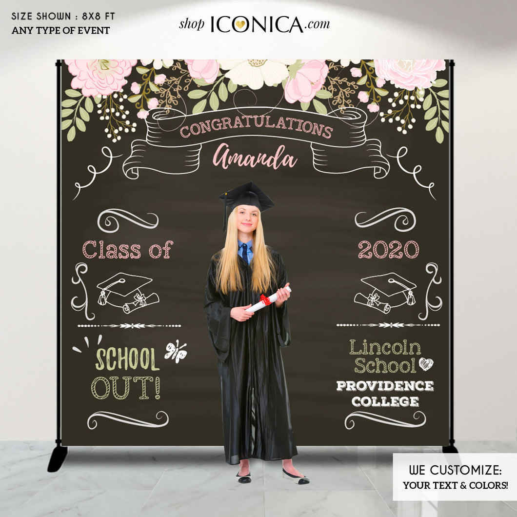 Graduation Party Photo Booth Backdrop, Virtual Graduation, Floral Step and Repeat, Congrats Grad, Banner Printed BGR0004