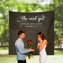Load image into Gallery viewer, Engagement Party Backdrop, Chalkboard Photo Booth Backdrop, She said yes Decorations,We are tying the knot decor
