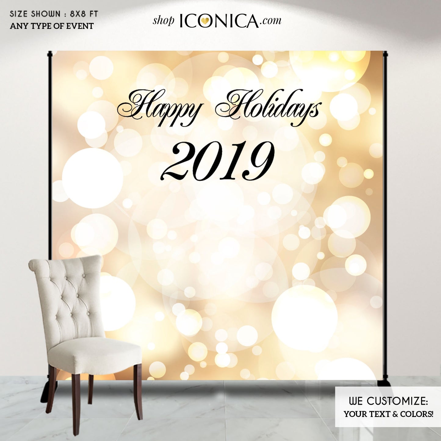 Holiday Party Backdrop,Printed Gold Bokeh backdrop,Christmas Party Photo Backdrop,Gold and Black Corporate event decorations