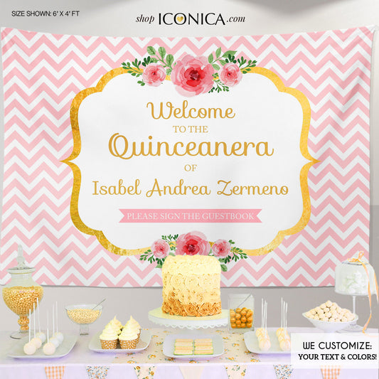 Floral Birthday Banner Pink and Gold Party Quinceanera, any type of event, Party Backdrop Any Size Any Wording Printed BQC0001