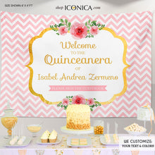 Load image into Gallery viewer, Floral Birthday Banner Pink and Gold Party Quinceanera, any type of event, Party Backdrop Any Size Any Wording Printed BQC0001
