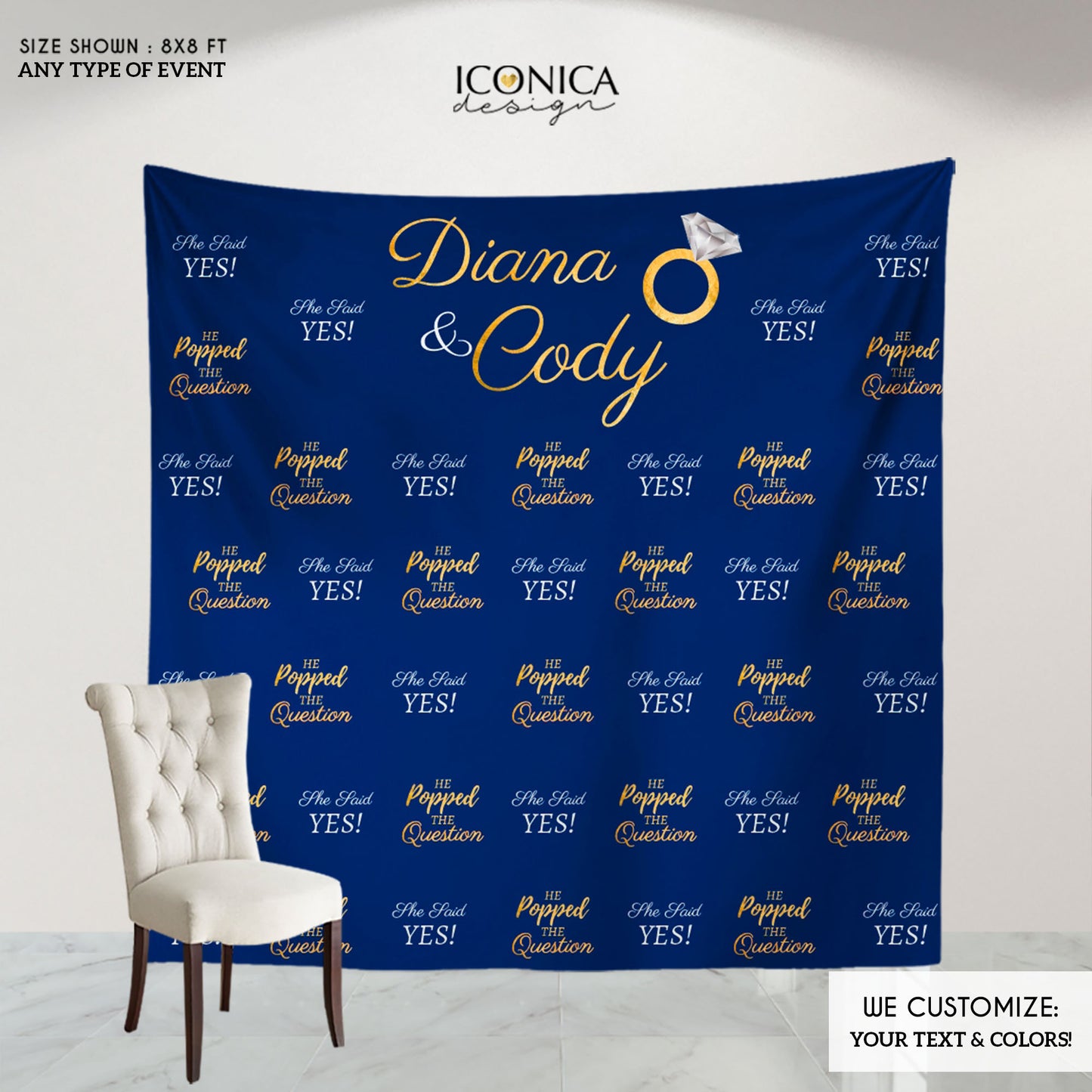 Engagement Party Photo Booth Backdrop, She said YES, Blue and Gold Backdrop, Wedding Backdrop, Printed Engagement backdrops