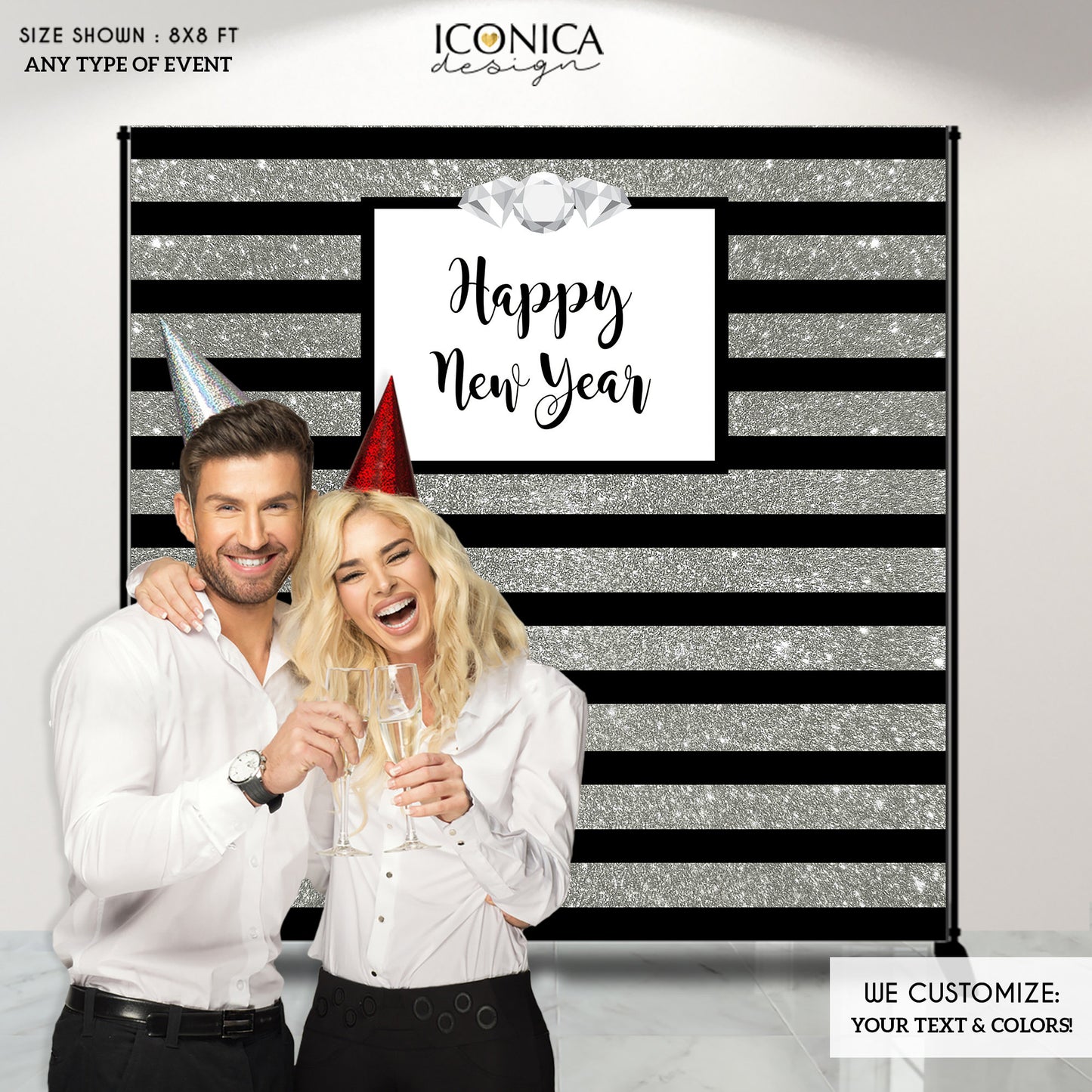 Happy New Year Party Backdrop, Silver Glitter, Silver Sparkles, New Year's Eve Backdrop Any Type Of Event Printed Or Printable File BHO0001
