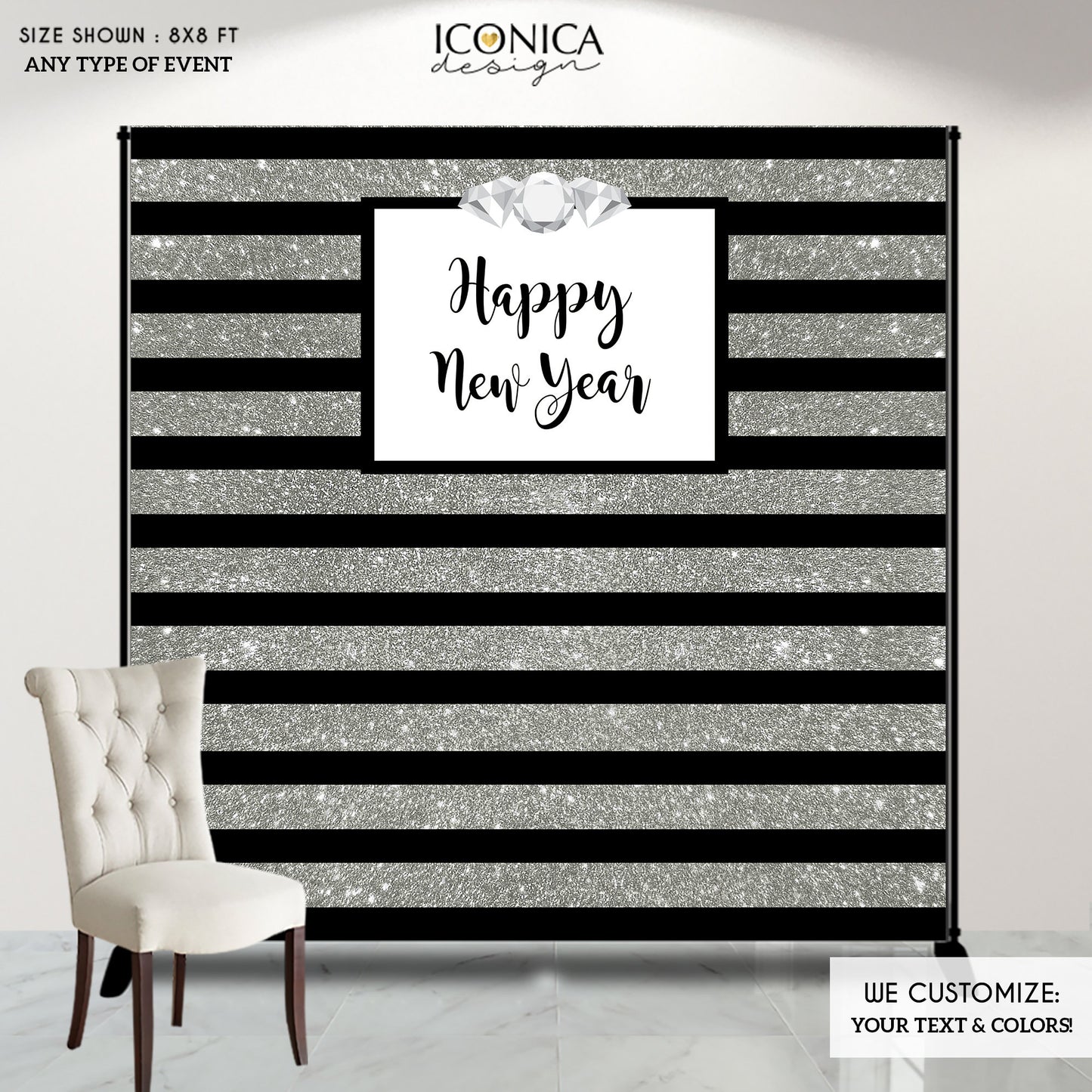 Happy New Year Party Backdrop, Silver Glitter, Silver Sparkles, New Year's Eve Backdrop Any Type Of Event Printed Or Printable File BHO0001