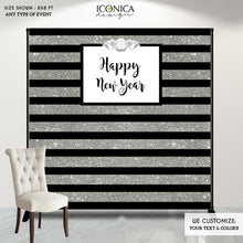 Load image into Gallery viewer, Happy New Year Party Backdrop, Silver Glitter, Silver Sparkles, New Year&#39;s Eve Backdrop Any Type Of Event Printed Or Printable File BHO0001
