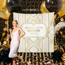 Load image into Gallery viewer, Roaring 20&#39;s Party Decor, Personalized Great Gatsby Party Banner, Milestone Birthday Backdrop, Art Deco Backdrop, Printed BBD0060
