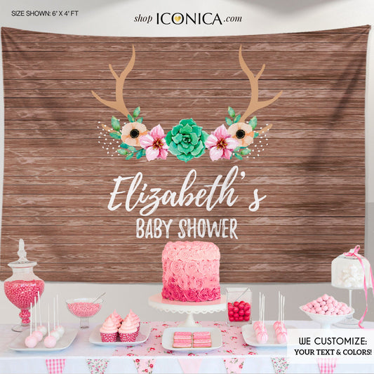 Rustic Baby Shower Backdrop,Antlers Succulents Backdrop,Woodland Baby Shower,Fall Baby Shower, Printed Or Printable File Bbs0019