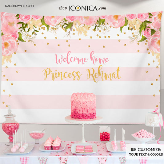 Floral Baby Shower Backdrop Gold And Pink Dessert Table Banner -any Event Watercolor Flowers Garden Virtual BabyShower