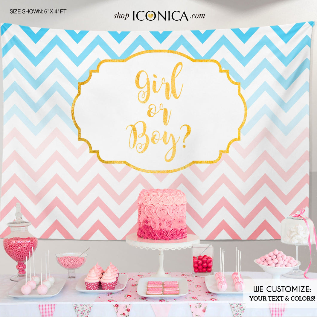Gender Reveal Baby Shower Backdrop Boy or Girl - HE OR SHE Chevron Pink and Blue Baby Shower Banner - Printed or Printable File BBS0013