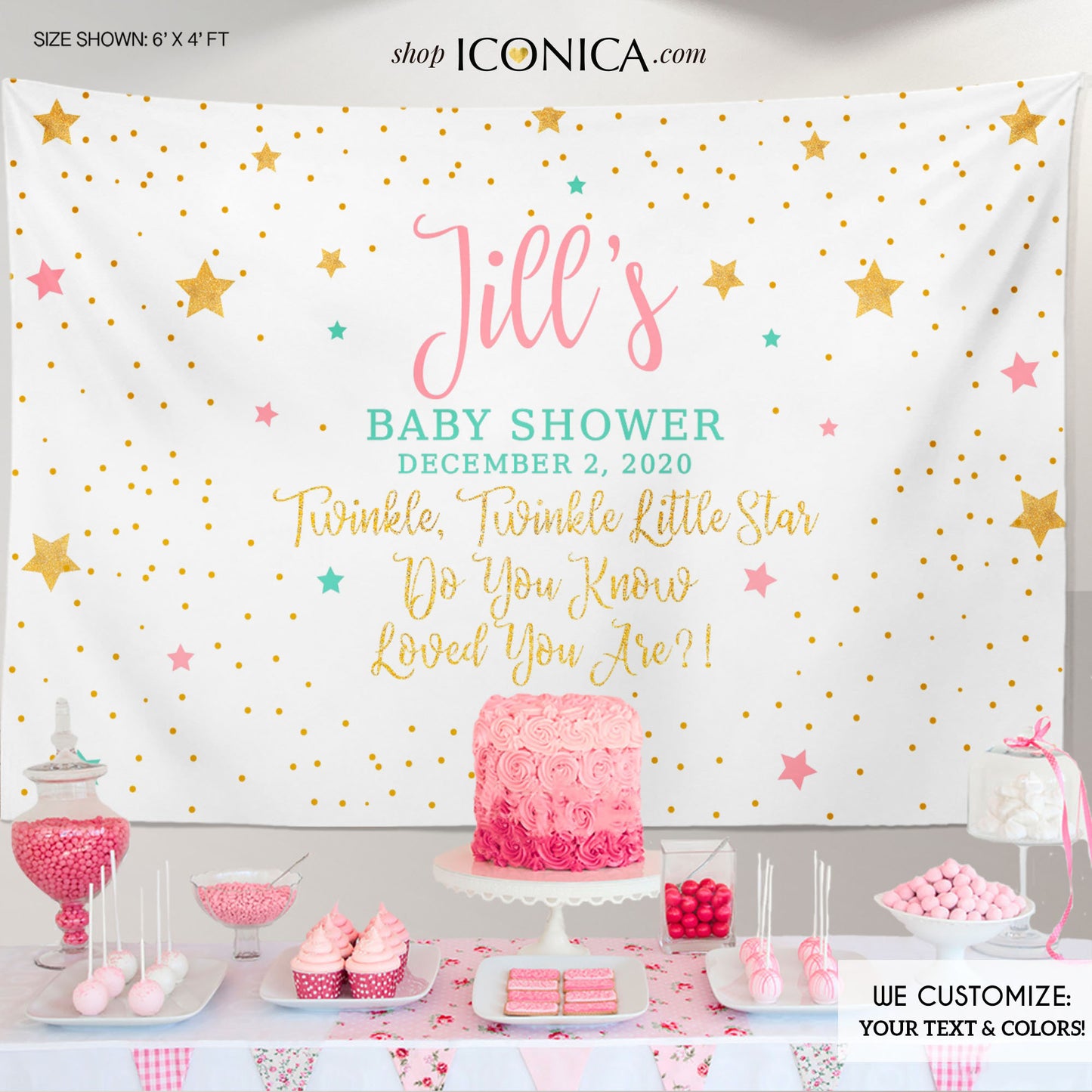 Twinkle Twinkle Baby Shower Party Backdrop, Twinkle Little Star Banner - Pink, mint and gold backdrop- Printed Or Printable File BBS0042