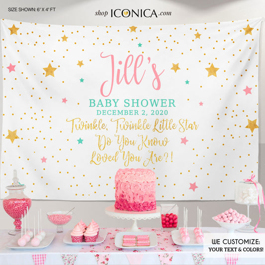 Twinkle Twinkle Baby Shower Party Backdrop, Twinkle Little Star Banner - Pink, mint and gold backdrop- Printed Or Printable File BBS0042