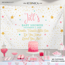 Load image into Gallery viewer, Twinkle Twinkle Baby Shower Party Backdrop, Twinkle Little Star Banner - Pink, mint and gold backdrop- Printed Or Printable File BBS0042
