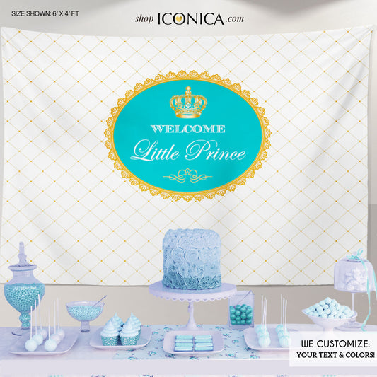 Baby Shower Party Backdrop Royal Prince Aqua and Gold Baby Shower Royal party Backdrop Party Banner Printed or Printable File Free Shipping