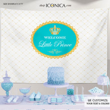 Load image into Gallery viewer, Baby Shower Party Backdrop Royal Prince Aqua and Gold Baby Shower Royal party Backdrop Party Banner Printed or Printable File Free Shipping
