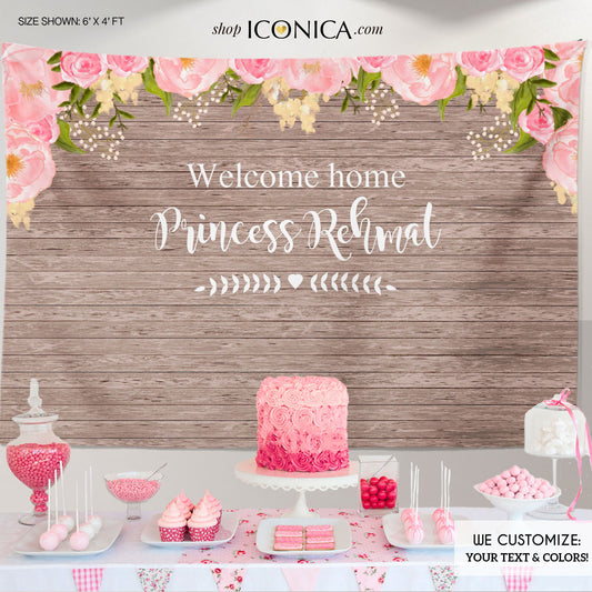 Pink Floral Welcome Baby Backdrop Rustic Floral Dessert Table Banner -any Event - Watercolor Flowers Garden Shower Printed Or Printable File