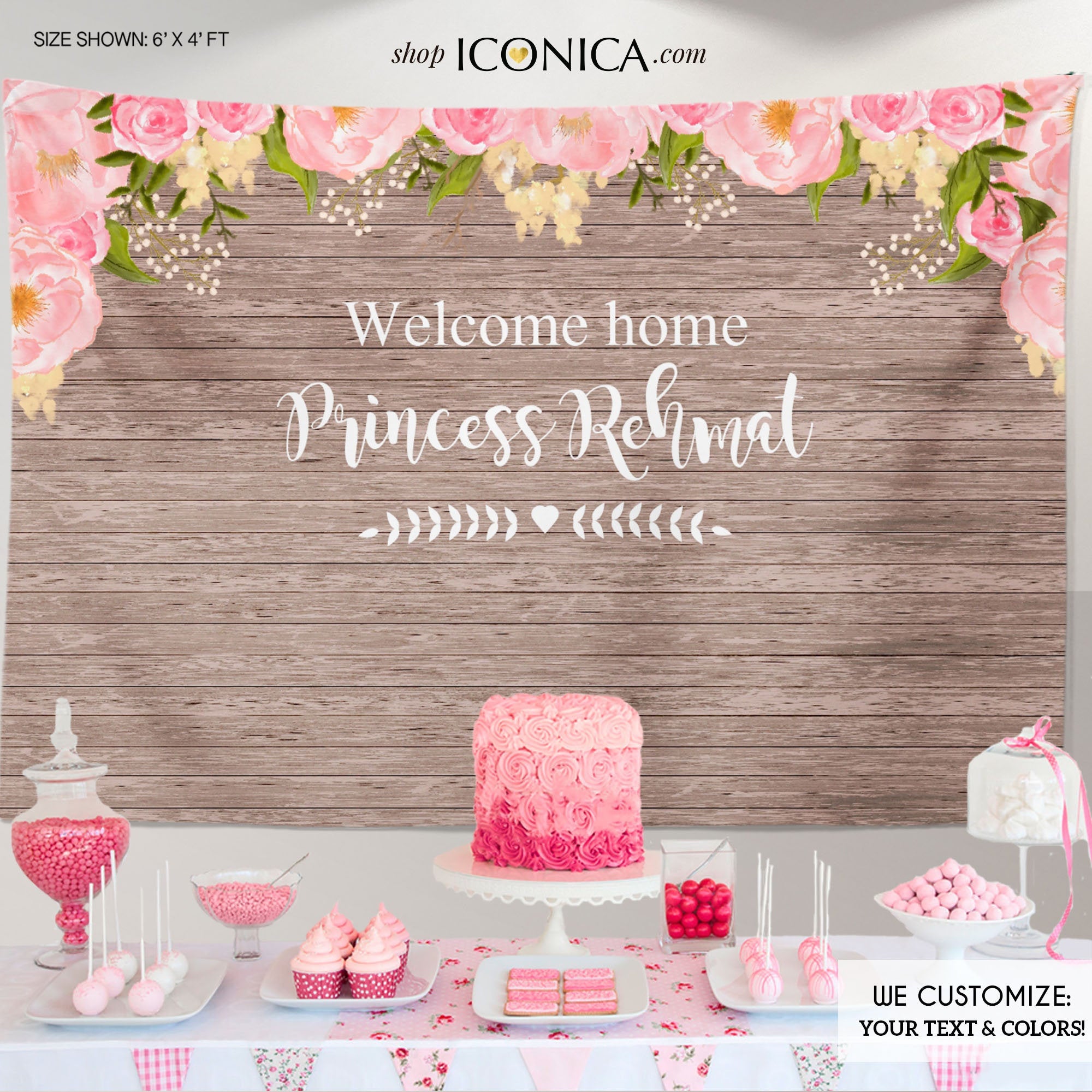 Pink Floral Welcome Baby Backdrop Rustic Floral Dessert Table Banner - –  Iconica Design, image size:2000x2000