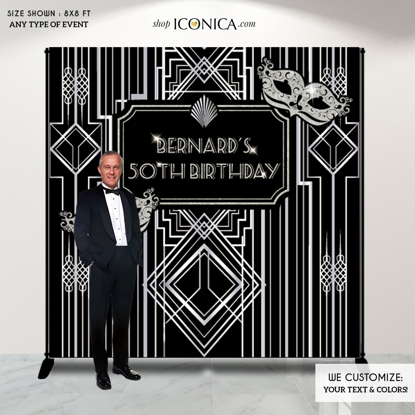 Roaring 20's Party Backdrop,50th Birthday Party Personalized Great Gatsby Decor, Milestone Birthday Backdrop,Masquerade Ball Party Decor,Hollywood Party Backdrop BBD0060