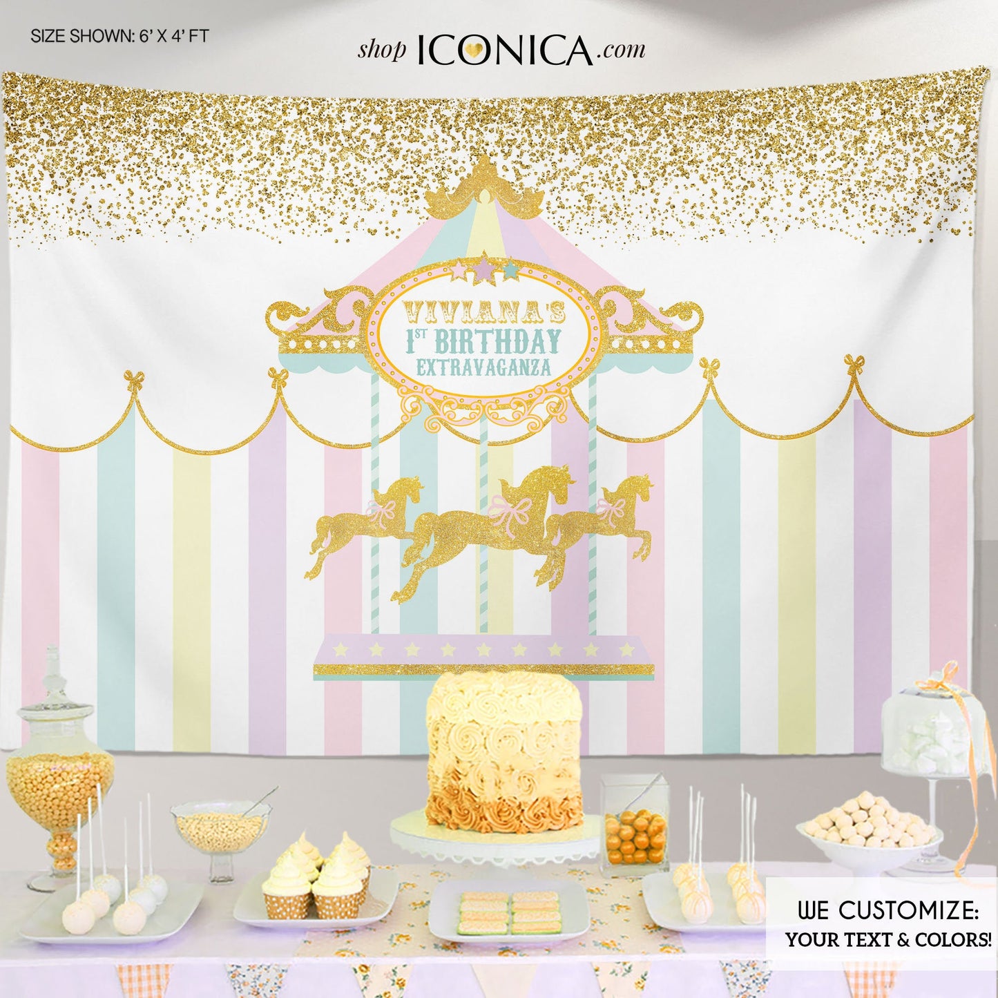 Carousel Party Backdrop First Birthday Any Age Girls Baby Shower Banner Girl Circus Banner Pastel Colors Printed Bbd0005