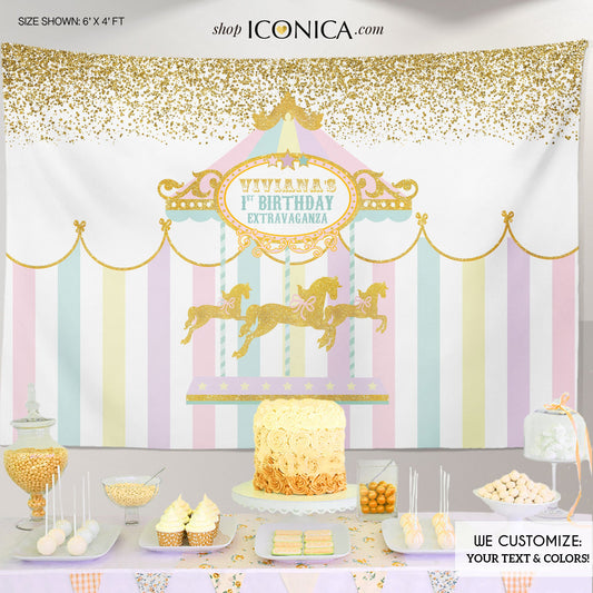 Carousel Party Backdrop First Birthday Any Age Girls Baby Shower Banner Girl Circus Banner Pastel Colors Printed Bbd0005