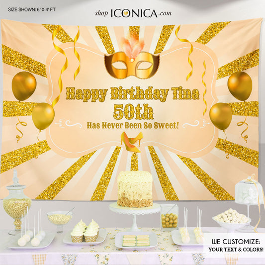 Masquerade Banner Backdrop, 50th Birthday Party Backdrop, Milestone Birthday Backdrop, Any Age, Any Color, Beige Peach Gold Decor, Printed BBD0132