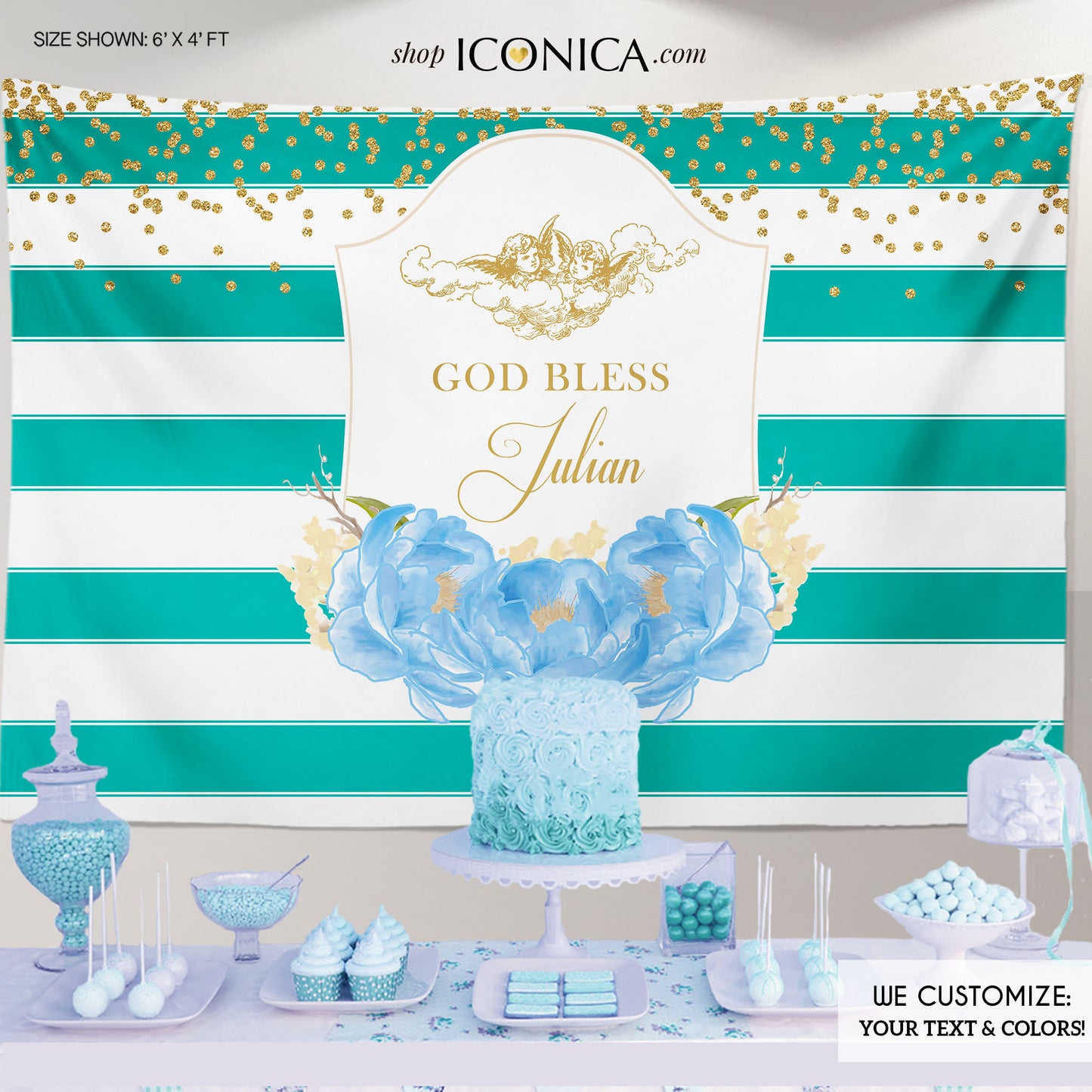 Baptism Party Backdrop,Teal Striped Floral Banner,Blue Peonies First Communion Banner,Cherubs Decor, Printed Or Printable File Bfc0004