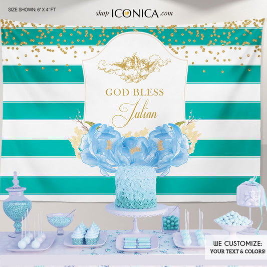 Baptism Party Backdrop,Teal Striped Floral Banner,Blue Peonies First Communion Banner,Cherubs Decor, Printed Or Printable File Bfc0004
