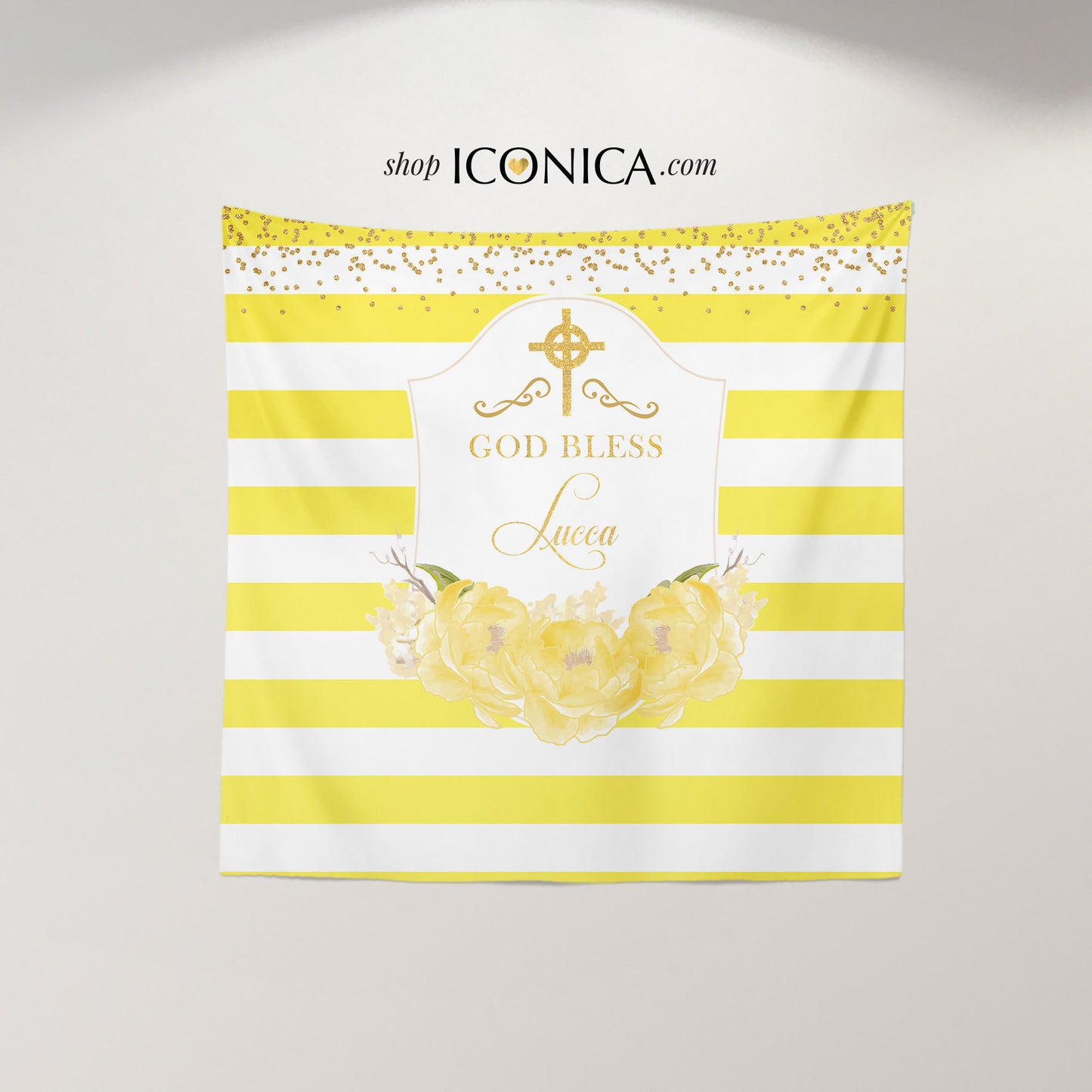 Baptism Party Backdrop, First Communion Banner, Floral Yellow Banner, Yellow Peonies, Religious Backdrop,Yellow Stripes Printed