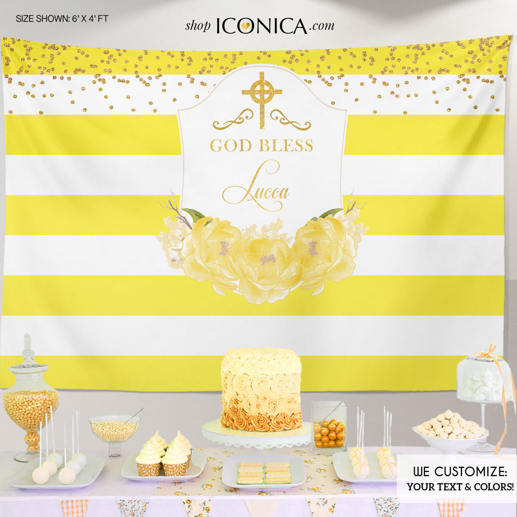 Baptism Party Backdrop, First Communion Banner, Floral Yellow Banner, Yellow Peonies, Religious Backdrop,Yellow Stripes Printed