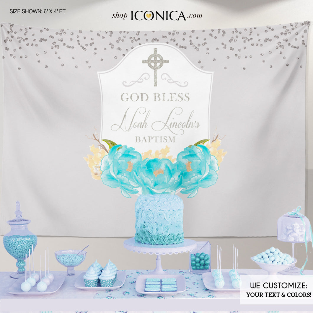 Baptism Party Backdrop, Light Gray and Blue Banner, Blue Peonies, First Communion Banner - Printed