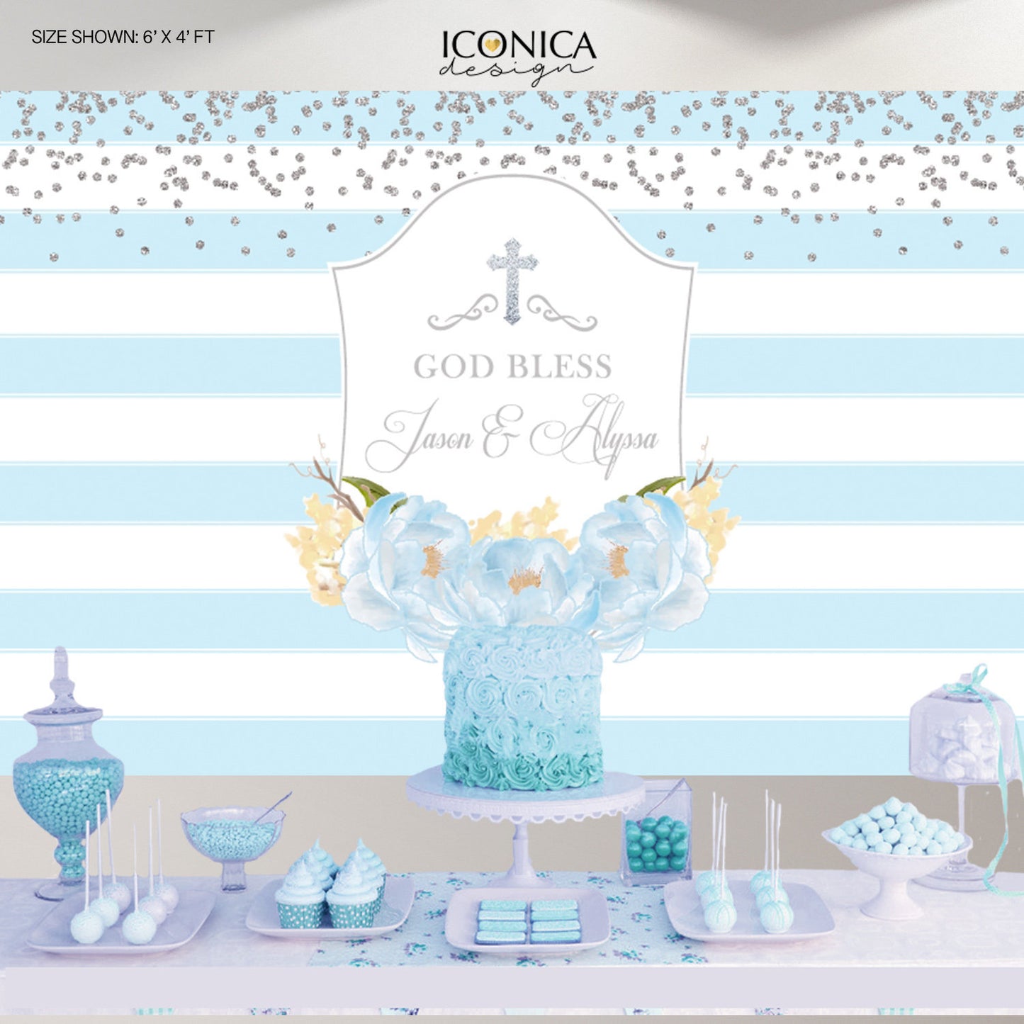First Communion Banner,Baptism Party Backdrop,Striped Floral Baptism Backdrop, Blue Peonies, Printed BAR0002