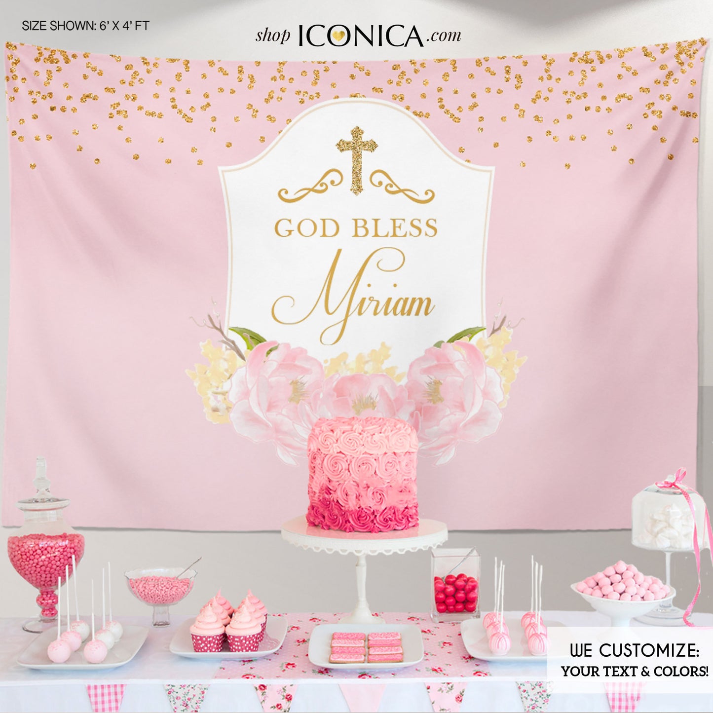 Girls First Communion Backdrop, Girls Baptism Banner, Pink Floral Banner, Pink Peonies, Christening Backdrop, Printed