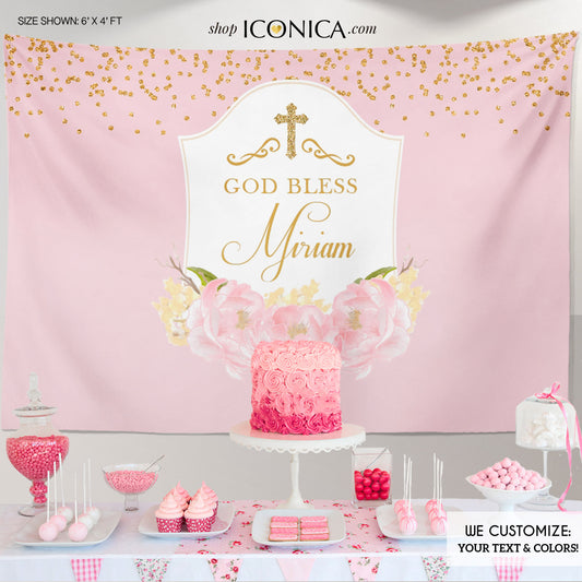 Girls First Communion Backdrop, Girls Baptism Banner, Pink Floral Banner, Pink Peonies, Christening Backdrop, Printed