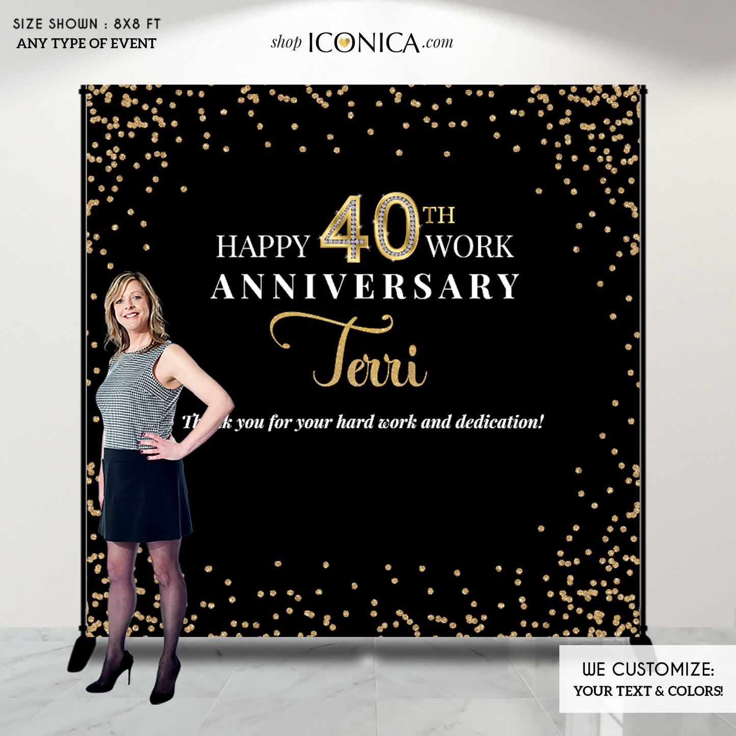Retirement Photo Backdrop,Happy Retirement Decorations, Work Anniversary Step And Repeat Backdrop, Black and Gold Retirement Banner