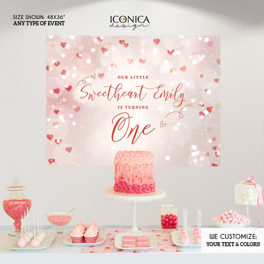 Valentines Day Birthday Decorations,Our little Sweetheart First Birthday Banner, Valentine's day, Heart Bokeh Photo Backdrop,Valentines Decorations, BVL0007
