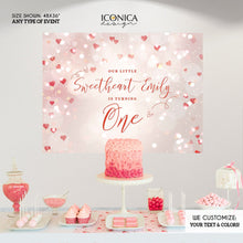 Load image into Gallery viewer, Valentines Day Birthday Decorations,Our little Sweetheart First Birthday Banner, Valentine&#39;s day, Heart Bokeh Photo Backdrop,Valentines Decorations, BVL0007
