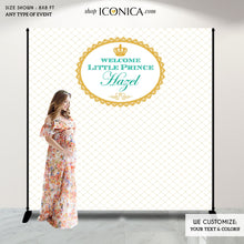 Load image into Gallery viewer, Baby Shower Party Backdrop Royal Prince Mint Green and Gold Baby Shower Royal party Backdrop Party Banner Printed or Printable.

