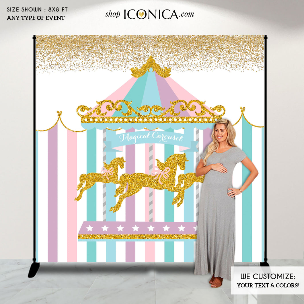 Carousel Party Backdrop First Birthday Any Age Any Wording Girls Baby Shower Banner Circus Banner Pastel Colors Printed Bbd0004