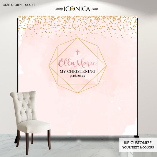 Christening Backdrop Geometric,Girls Baptism Backdrop, Modern First Communion Backdrop Personalized, Watercolor Christening Backdrop