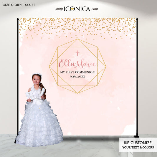 Geometric First Communion Backdrop Personalized,Baptism Backdrop Modern,Girls Baptism Backdrop,Watercolor Christening Backdrop