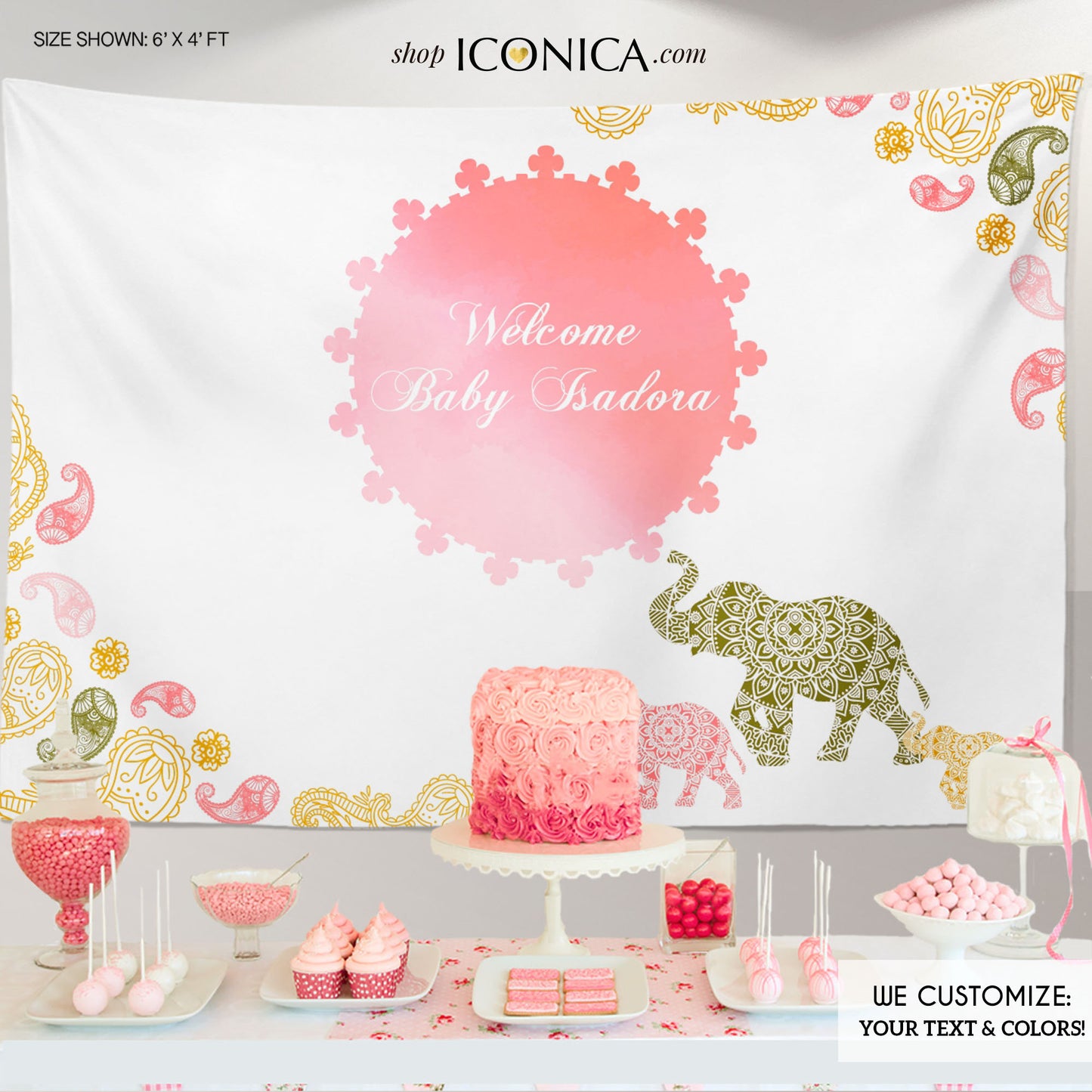 Moroccan Baby Shower Backdrop,Bollywood Theme Backdrop, Indian Backdrop,Watercolor Elephant Party Backdrop, Any Event, Virtual Baby Shower