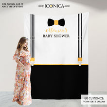 Load image into Gallery viewer, Little Man Backdrop,Baby Shower Decor, Boys Baby Shower Backdrop, Bowtie Banner,A little Man is on the way, Oh Boy, Its a Boy decorations
