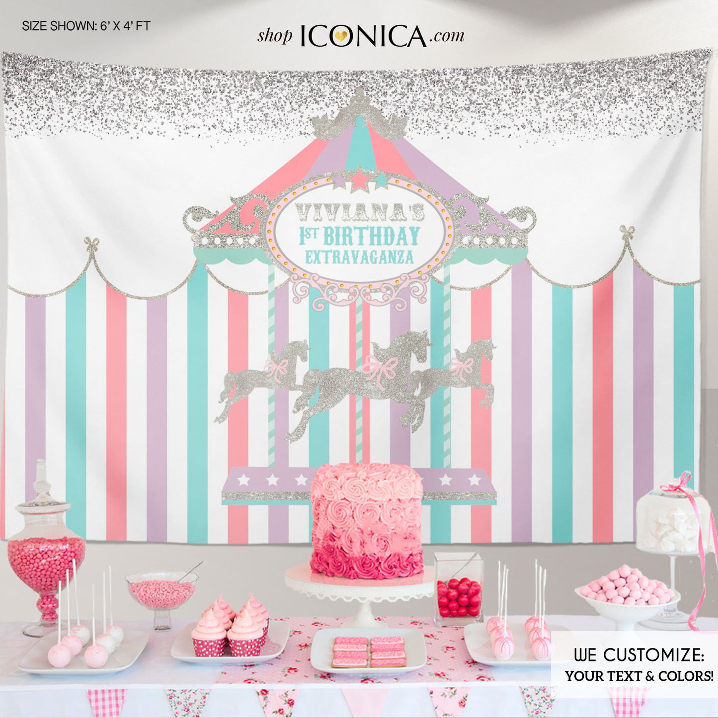 Carousel Party Backdrop,Carousel First Birthday Decorations,Girls Baby Shower Banner,Circus Banner, Printed BBD0117