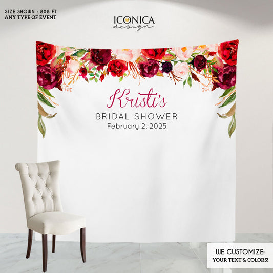 Boho Burgundy Backdrop,Boho Baby Shower Backdrop,Floral Burgundy and Blush Backdrop, Personalized step and repeat,Engagement Party BBR0032