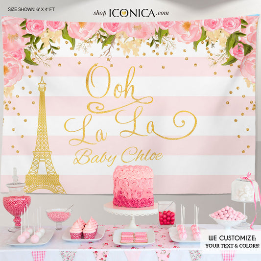 PARIS Floral Baby Shower Party Backdrop, Oh la la Gold and Pink Dessert Table Banner, Watercolor Garden Party  virtual baby shower