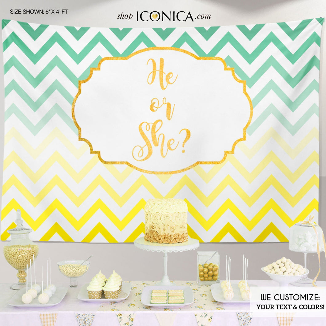 Gender Reveal Backdrop Boy Or Girl - He Or She Baby Shower Chevron Yellow And Mint Baby Shower Banner Virtual Baby Shower